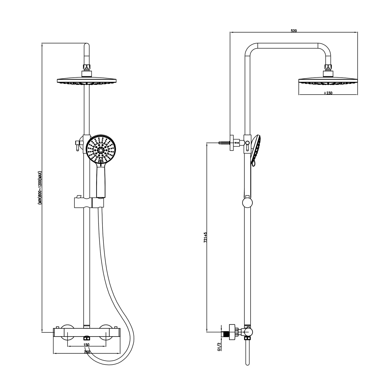 KOMIRO Duschsystem mit thermostat, Duschsystem Schwarz, Duscharmatur mit Thermostat, Duschsäule Höhenverstellbare, Regendusche Kopfbrause und 5 Strahlarten Handbrause, Runde (style2)