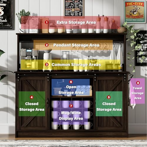 4ever2buy 55” Gray Coffee Bar Cabinet with Sliding Barn Doors, 12 Wine Racks, and 8 Hooks for Living Dining Room