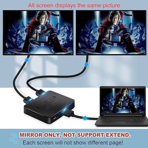 HDMI Splitter 1 in 2 Out, HDMI Splitter 4K HDMI 3D Splitter for Dual Monitors, 2 Port HDMI Splitter with 1.2M HDMI Cable for PS4 Xbox Sky Box Fire Stick HDTV Projector(Mirror Only, Not Extend)