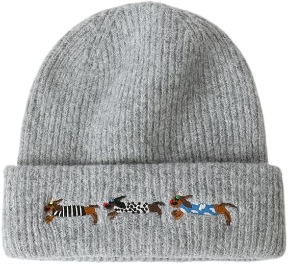 Dachshund Embroidered Knitted hat Warm Cold hat for Women in Winter Outdoor Cold ski Beanie