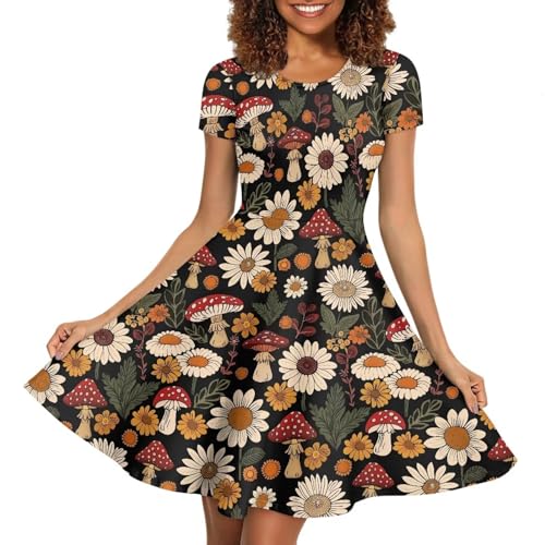 Image of HUGS IDEA Womens Puffy Swing Midi Dress Round Neck Short Sleeve Party A-Line Dresses