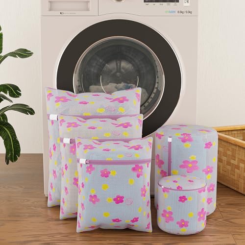 Image of Kuber Industries Pack of 5 Polyester Mesh Laundry Bag with Zip | Reusable Washing Bags for Washing Machine | Ideal for Lingerie, Delicate Fabrics & Shoe Protection | YZ-1-4 | Sunflower Design - Pink