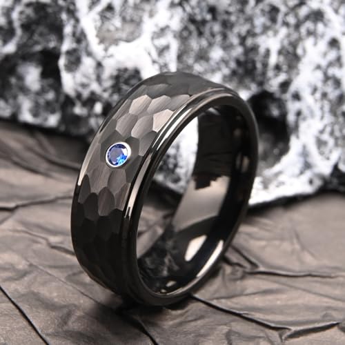 Tungsten Carbide Rings for Men Women 8mm Black Hammered Inlaid with Blue Zirconia Men's Engagement Wedding Bands Matte Brushed4
