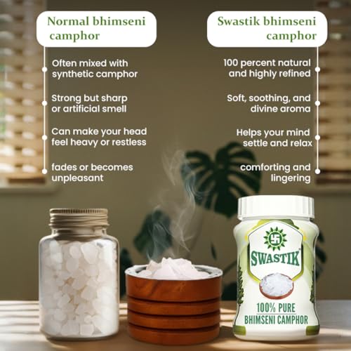 Image of Swastik 100% Organic and Premium Bhimseni Camphor-100 gm Jar Pack of 1|for Puja,Aromatheraphy & Refreshing Atmosphere|Used in Temple Teertham and Indian Sweets
