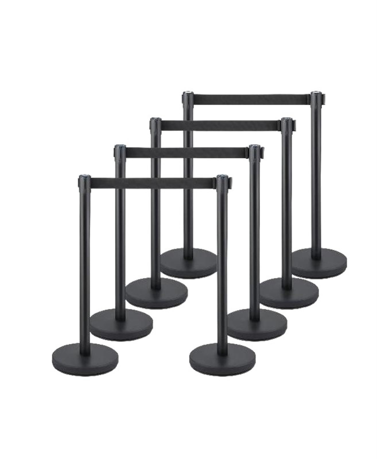 Barreras de puntal de control de multitudes de 8 piezas Postes de base de hierro de servicio pesado con cinturón retráctil negro de 4 vías de 6.6 pies / 2 m Mejorar la eficiencia