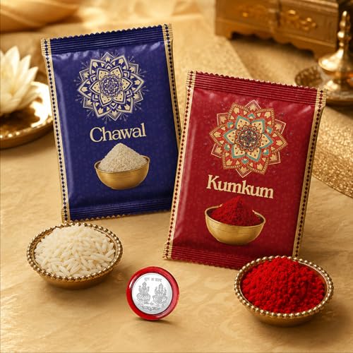 Image of DeoDap Rakhi Combo with Chocolate 32gm, Pooja Coin, Greeting Card & Tilak Set - Festival Gift for Your Brother, Complete 5-Item Hamper Set