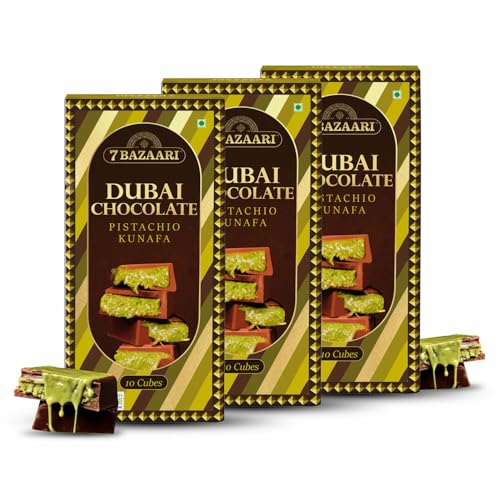 Image of 7 BAZAARI Authentic Dubai Chocolate Pistachio Kunafa Dessert pack of 3, 10Pcs each pack - Made with Premium Milk Chocolate & American Pistachios |Arabic Sweets with Crispy Kunafa
