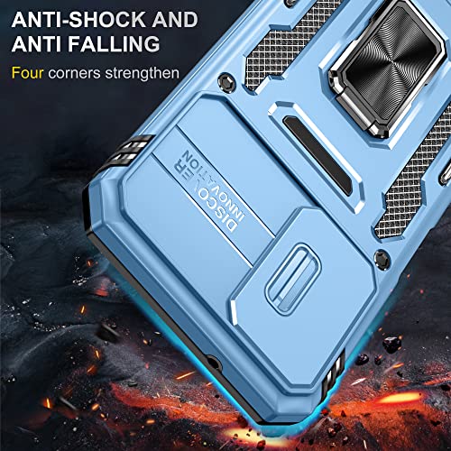 Image of Polycarbonate Slide Camera Cover with Ring Holder Mobile Phone Back Cover for Samsung Galaxy A14 4G /A14 5G (Blue)