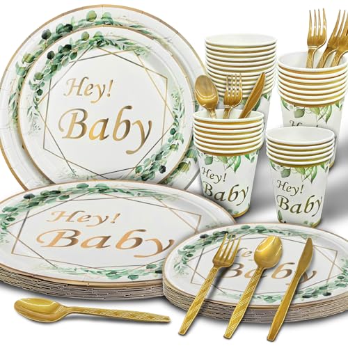Image of Sage Green Neutral Baby Shower All In One Set - 4 Balloon Boxes, 12 Tableware Sets with Disposable Plates, inchOH BABY inch Balloons, Tablecloth & Cake Toppers