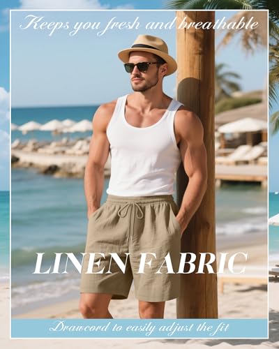 Ficerd 2 Pack Cotton Linen Big and Tall Shorts for Men Drawstring Elastic Waist 7" Summer Beach Bermuda with Pockets3