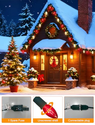 Image of C9 Red and White Christmas String Lights 25Ft C9 Outdoor Christmas Decorations Lights with 26 Red Frosted White Bulbs, Vintage Christmas Light Waterproof for Patio Roofline Party Holiday Garden
