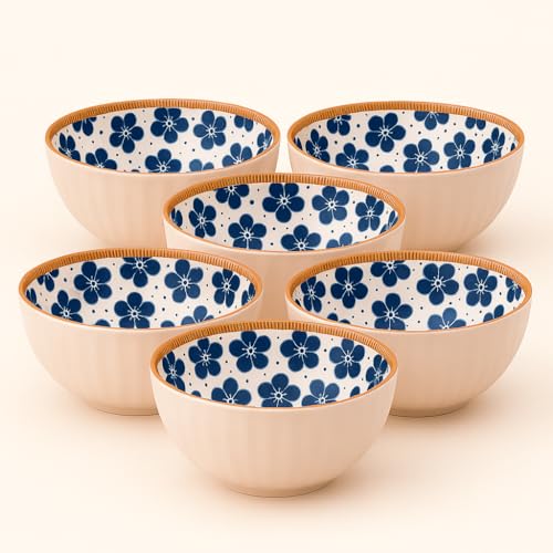 Image of YELONA Ceramic Bowls Set of 6 - 300ml | Japanese Style Serving Bowls with Big Blue Floral Design | 11.5cm Diameter | Microwave & Dishwasher Safe | Lead-Free Glazed Interior | Elegant Beige Exterior