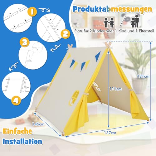 COSTWAY Tipi tent voor kinderen, tipi-kindertent voor binnen, speeltent, katoen en hout met venster en wimpelketting, kindertipitent, speelhuis voor jongens en meisjes, beige - Afbeelding 6