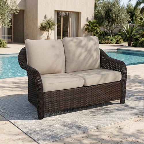Qsoer 55 inch Outdoor Wicker 2 Seater Sofa All-Weather Use Patio Rattan Loveseat with Seat and Back Cushion Ideal for Porch Backyard Balcony Poolside Beige