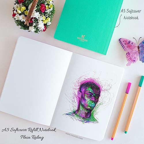 Image of NEORAH - A5 Notebook SOFT COVER | Organiser REFILL | Unruled Notebook Journal | 110 GSM | 160 pages (Size 21 cm x 14.8 cm) Planner Journaling Writing Note Taking Diary, Travellers Journal -TEAL