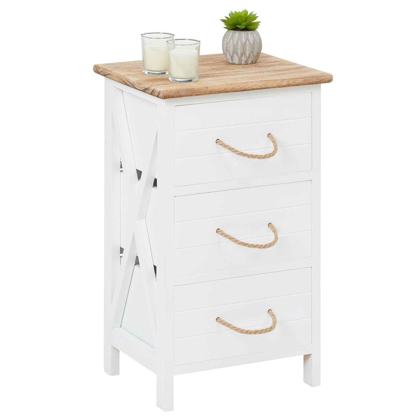 IDIMEX Table de Chevet Perugia Table de Nuit 3 tiroirs en Bois de Paulownia Style Shabby Chic Vintage Rustique campagnard Blanc