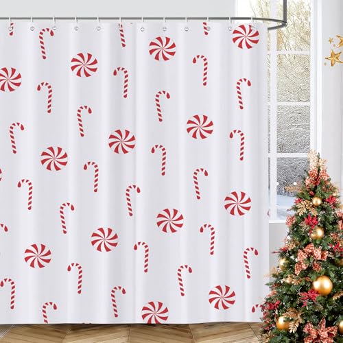 GOOESING Christmas Shower Curtain Candy Cane Christmas Holiday Bathroom Shower Curtains for Bathtub Decoration with Hooks 72x72 Inch