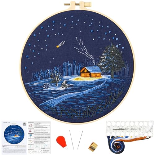 Image of Christmas Embroidery Kits for Beginners Adults, Winter Hand Embroidery Starter Kits, Christmas Cross Stitch Kits for Beginners Needlepoint DIY Kits for Adults, Embroidery Hoop, Thread & Video Tutorial