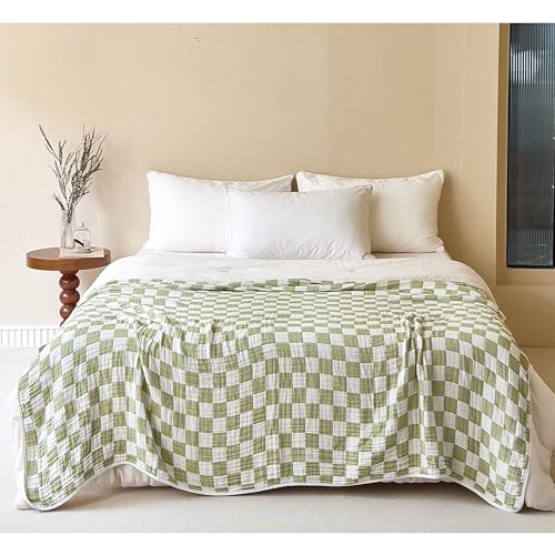SANACYNA Muslin Blankets for Adults 100% Cotton 6-Layer Gauze Green Checkerboard Cooling Blanket Soft Breathable King Blanket for Sofa Bed Coverlet Both Sides (Green Checkerboard, King 90