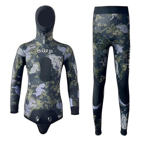 Men’s 5mm Neoprene Wetsuit - Hooded Spearfishing Diving Suit with Blind Stitch for Hunting, Winter Swimming, and Scuba Diving (Camo Green, Large, 5, Millimeters)