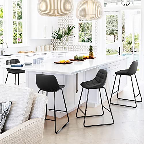 Lue Bona Counter Height Bar Stools, Mid Century Modern 24" Faux Leather Bar Stools Set Of 4, Upholstered Checkered Pattern Leather Dining Chair With Metal Legs, For Kitchen Island, Bistro, Black #TOP5