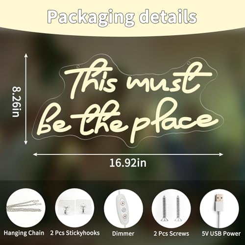 Image of This Must be The Place Wedding Sign, USB Powered Neon Signs with Dimmer and Sticky Hook, Hanging LED Light Sign Decorations, Home Decor for Bedroom Party Wall 16.93 x 8.27 inch