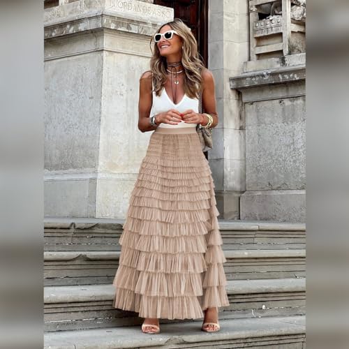 Long Tulle Skirt for Women Elastic High Waist Tutu A Line Fairy Skirt Mesh Layered Ruffle Skirt Tiered Maxi Skirts Petticoat2