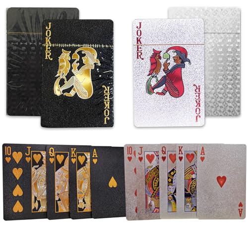 WJIASI 2 Pack Plastic Playing Cards - Waterproof Washable Deck of Cards (UK) | Durable Flexible Solid Color No Fading Professional for Gift Home Party Game with Storage Box (Silver+Black)