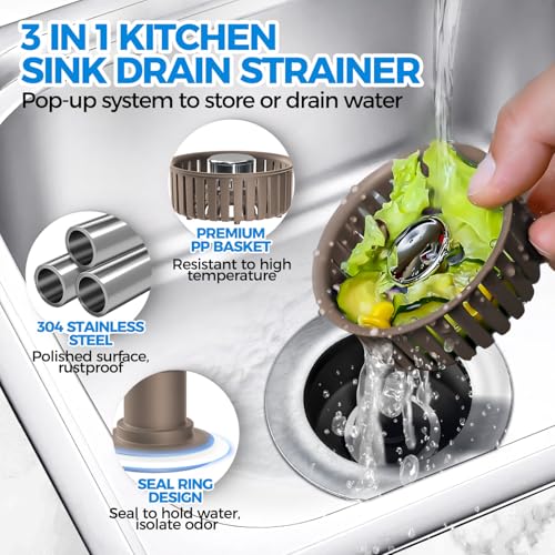 Upgraded 3in1 Kitchen Sink Drain Strainer & Sink Stopper, Stainless Steel Kitchen Drain Plug & Cover with Anti-Clogging Basket Strainer, Fit US Standard 3-1/2'' Sink Drain Hole, Brown