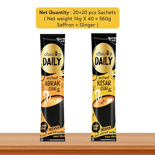 Image of Chaizup Daily 1 Min Instant Assorted Tea Pack - 40 Sachets | Kesar & Adrak Flavours | 40 Servings | 2 Packs (20 Sachets Each) | 280g