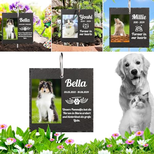 MJARTORIA Personalisiert Tiergrabstein Grabstein Hund Katze Grabplatte Grabstecker mit Gravur, Individuelles Grabschmuck Wetterfest Herz Grab Gedenkstein mit Namen Datum (Schwarz Quadrat mit Foto)