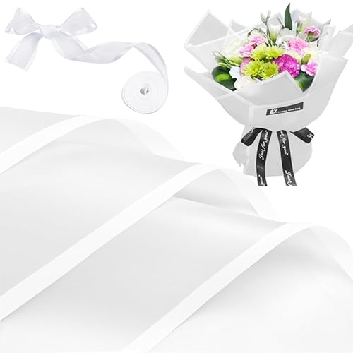Jutieuo 20 hojas de papel de regalo de flores, suministros de ramo de floristería, papel de regalo floral impermeable con borde blanco con cinta,