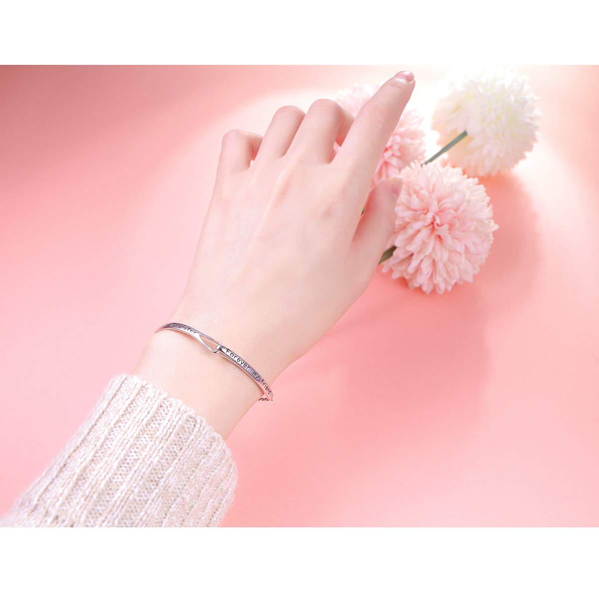 Flyow 925 Sterling Silber Unendliches Inspirierendes Armband mit Botschaft Always My Sister, Forever My Friend, Einstellbare Schwestern Armbänder Freundschaftsschmuck für Schwester Damen Mädchen