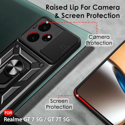 Image of TheGiftKart Tough Armor Bumper Back Cover Case for Realme GT 7 5G / GT 7T 5G / GT 7 Dream Edition | Sliding Camera Cover, Kickstand & Ring Holder | 360 Protection Back Cover Case (PC & TPU, Black)