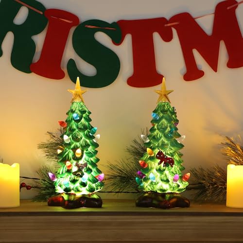 Dr.Dudu 2 Pack Christmas Tree Tabletop Decorations, Small Christmas Trees With Multi-Color Lights Resin Lighted Tree Figurine Battery Operated For Office Home Holiday Decoration thumb #3