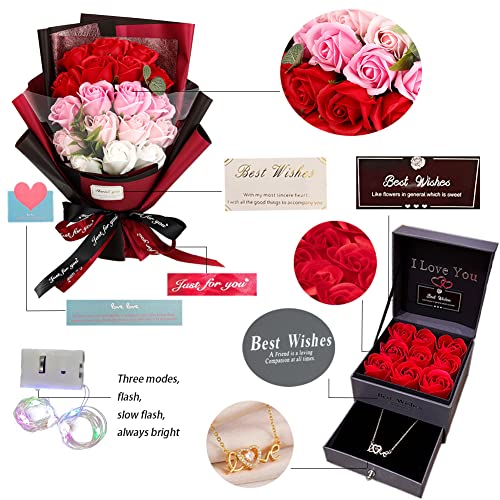 EIGHTOWN Roses Bouquet Fake Artificial Flower - Preserved Red Flowers with Love Necklace for Her - Unique Gifts Valentine's Day, Mother's Day, Thanksgiving, Birthday, Anniversary…