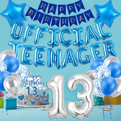 Image of 13th Birthday Decorations for Boys, Blue Sliver Happy Birthday Banner, OFFICIAL TEENAGER Numbers 13 Foil Balloon and Cake Topper for 13 Birthday Boy Decorations