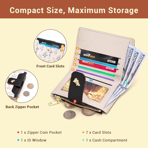 Image of YINHEXI Women's Wallet, Compact and Small Bifold PU Leather Card Holder, Mini Purse with Coin Pocket for Ladies, Girls (Floral Black)