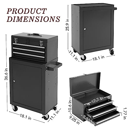 WAYTRIM 3-Drawer Rolling Tool Chest with Wheels, Tool Chest with Large Storage Cabinet and Adjustable Shelf, Removable Portable Top Box with Locking System Tool Chest for Garage, Warehouse, Factory (Black) - Thumbnail 5