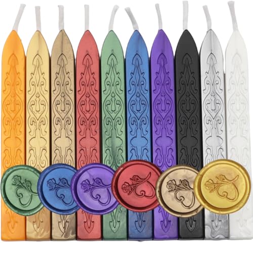 10 Pieces Sealing Wax Sticks with Wicks for Wax Seal Stamp Assorted Colors Wax Seal Sticks with Wicks are Great for Wedding Invitations Packaging Decoration Gift Ideas (10 Mixed Color)