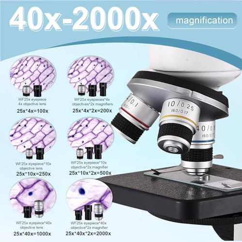 Microscópio composto 100X-2000X com iluminação LED dupla para crianças, microscópio com conjunto de