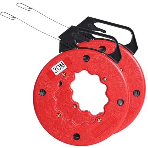 KINJOEK 2 PCS 200 Feet Steel Fish Tape in Red Plastic Housing Retractable Wire Fish Tape Reel Pulling for Heavy Duty Pulls, Short Runs and Conduit Measuring