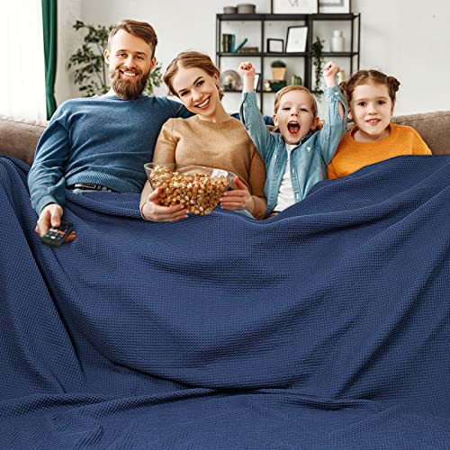 Image of PHF 100 Cotton Waffle Big Family Oversized Blanket, 120 inch X 120 inch Bright Blue | Pre-washed Natural Soft Cozy Lightweight Breathable, Textured Decorative Layer for Bed Guest Room, Machine Washable, Giftable