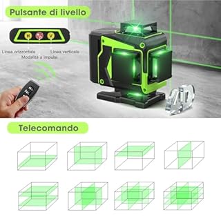 Livello Laser Cantiere Autolivellante 360° x 4, Lazer Livelli 4D 16 Linee Laser con treppiede, Autolivellante e Modalità Pulsata Esterna, 2 x Batteria, Livellamento Automatico, Supporto Rotante