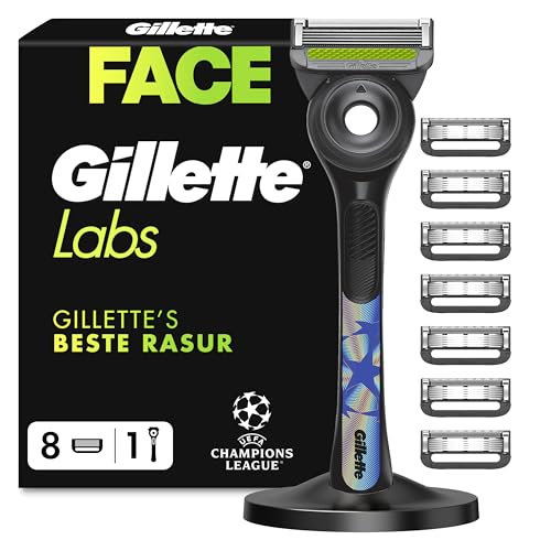 GilletteLabs Rasierer Herren mit Reinigungselement, UEFA Champions League Special Edition, Nassrasierer — Inkl. 1 Handstück, 8 Ersatzklinge mit Magnetischem Dock — Edelstahl, Schwarz 1