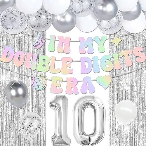 Image of 10th Birthday Decorations In My Double Digits Era Banner Double Digits Birthday Happy 10th Birthday Decorations for Silver Number 10 Balloon Girls Boys Double Digits Party Supplies