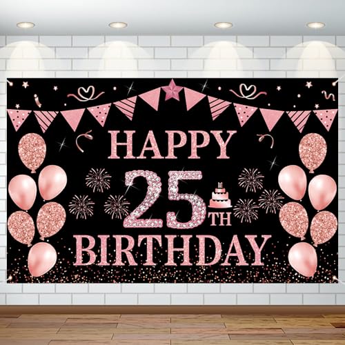 Decorazioni per 25° compleanno per uomini e donne Happy 25th Birthday Banner di grandi dimensioni in oro rosa sfondo di compleanno banner per 25 anni anniversario festa di compleanno foto prop stand