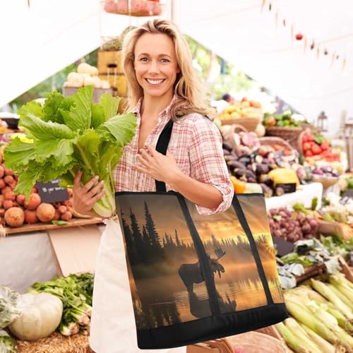 Sunset Moose Landscape Large Insulated Tote Bag for Grocery Shopping Reusable Tote Bags for Women Men, Cooler Bag with Zippered Top & Handles for Beach Picnic Travel2