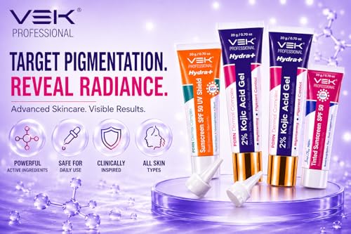 Image of VSK Professional Hydrate 2% Kojic Acid Face Serum in Gel with PDRN Dermal Complex, Glow Sunscreen & Tinted Sunscreen SPF 50+ | Alpha Arbutin Brightening Treatment for Dark Spots, Melasma & Uneven Skin Tone | Lightweight Non-Greasy Daily Use Combo |4 Tubes 20g each