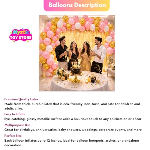 Image of 50 Pcs Pink Gold White Metallic Chrome Balloons for Birthday Decoration Items Anniversary Baby Shower Boys Girls Kids Year With Latex Transparent Metallic Balloon Happy Birthday Decoration Kit Combo